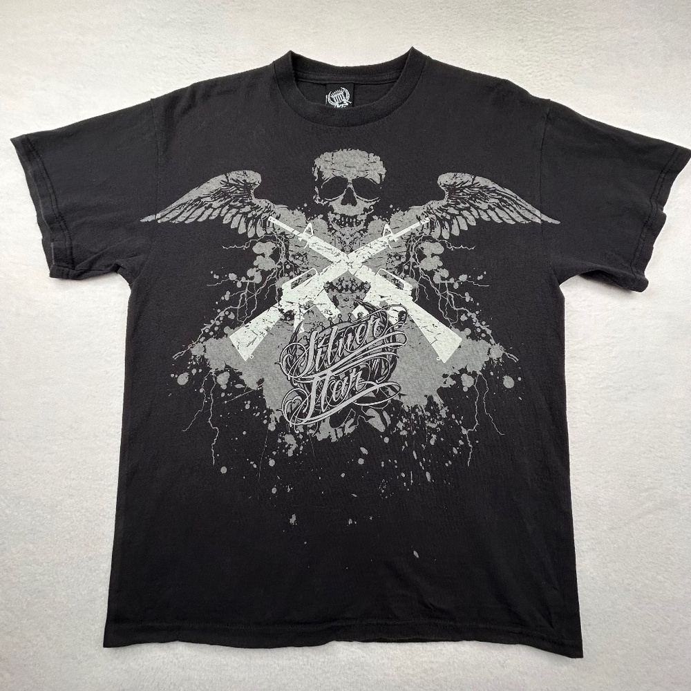 Silver Star VINTAGE Y2K Graphic Streetwear Skull Wings M16 2A T-shirt Medium